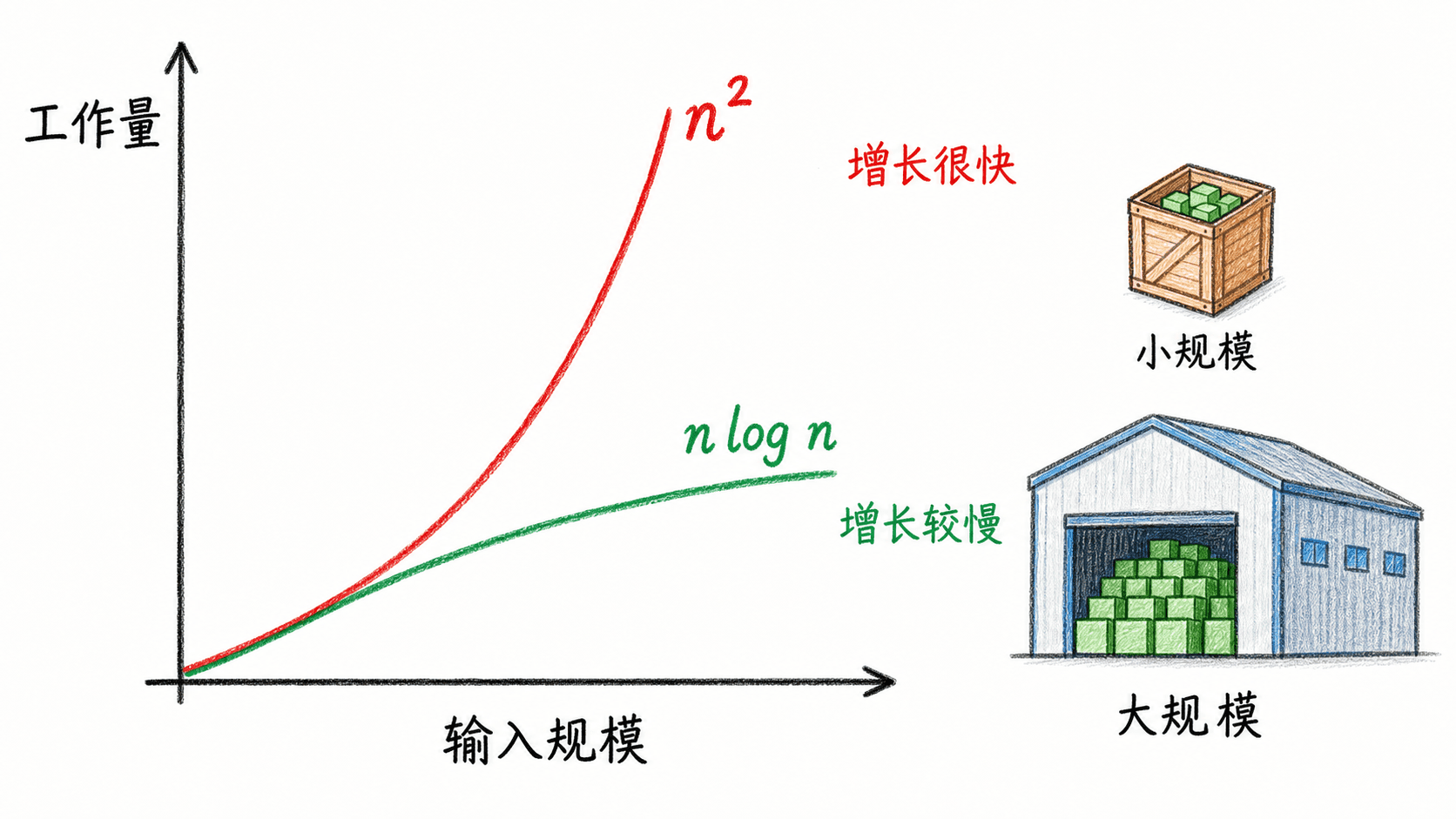 不同增长率随输入规模拉开差距