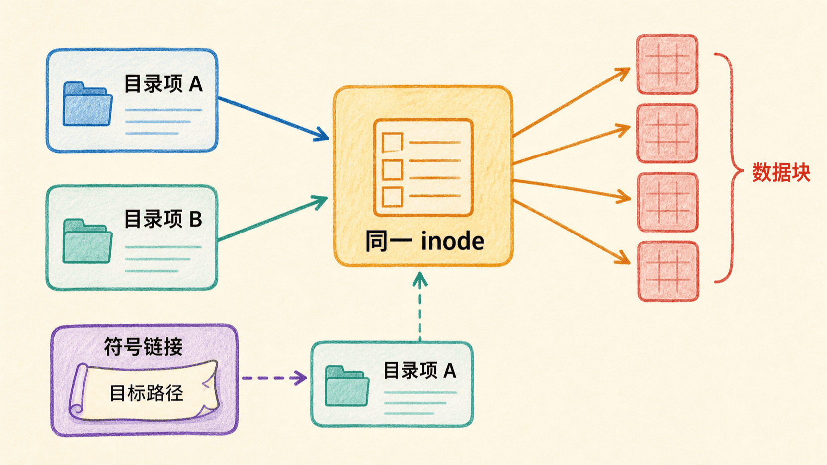 目录项 A 和目录项 B 共同指向同一 inode，符号链接保存目标路径并再次解析