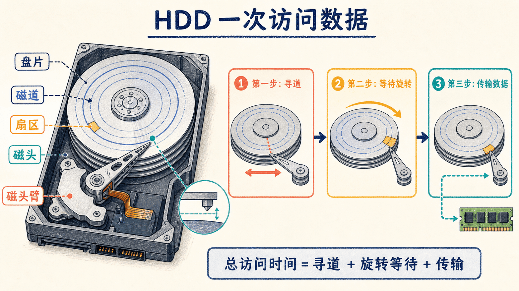 HDD 盘片、磁头、磁道与一次数据访问三个阶段示意图