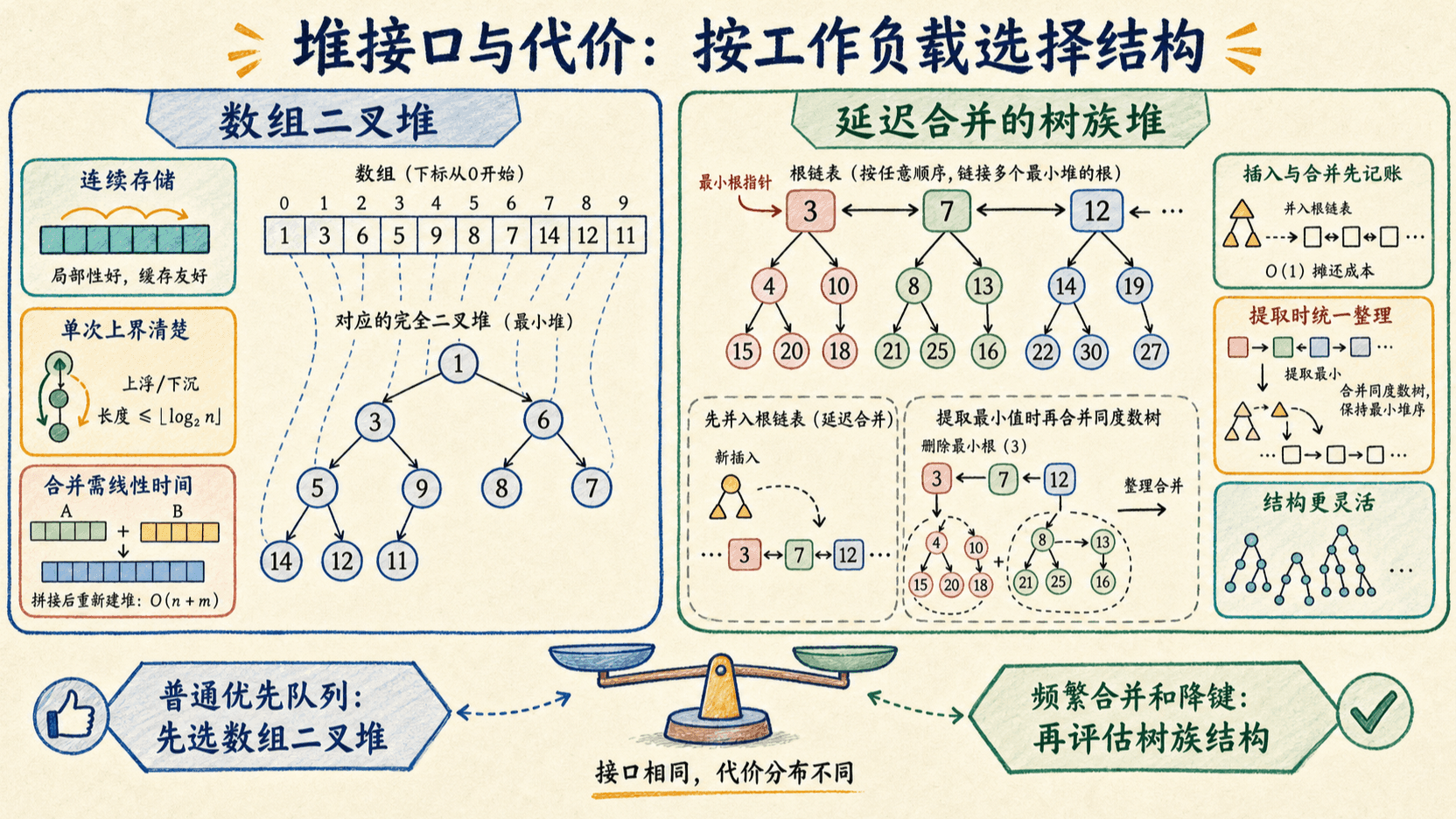 数组二叉堆与延迟合并树族堆的接口代价对比
