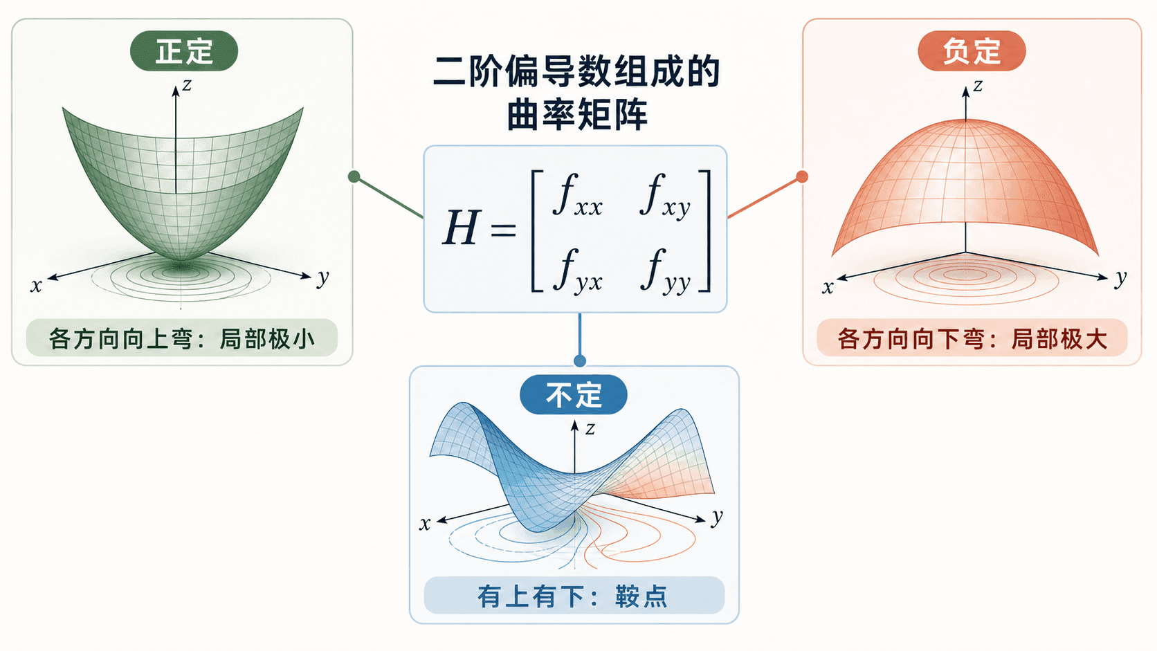 Hessian 把二阶偏导数组织成曲率矩阵，用来区分极小、极大和鞍点