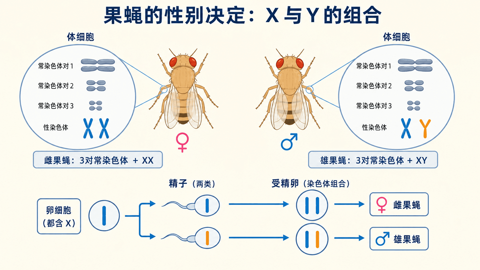 果蝇XY型性别决定:X卵细胞与未复制的X或Y精子结合,形成XX或XY受精卵