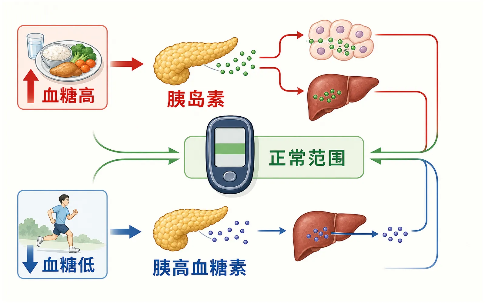 进食和运动条件下胰岛素胰高血糖素调节血糖的中文教材示意图