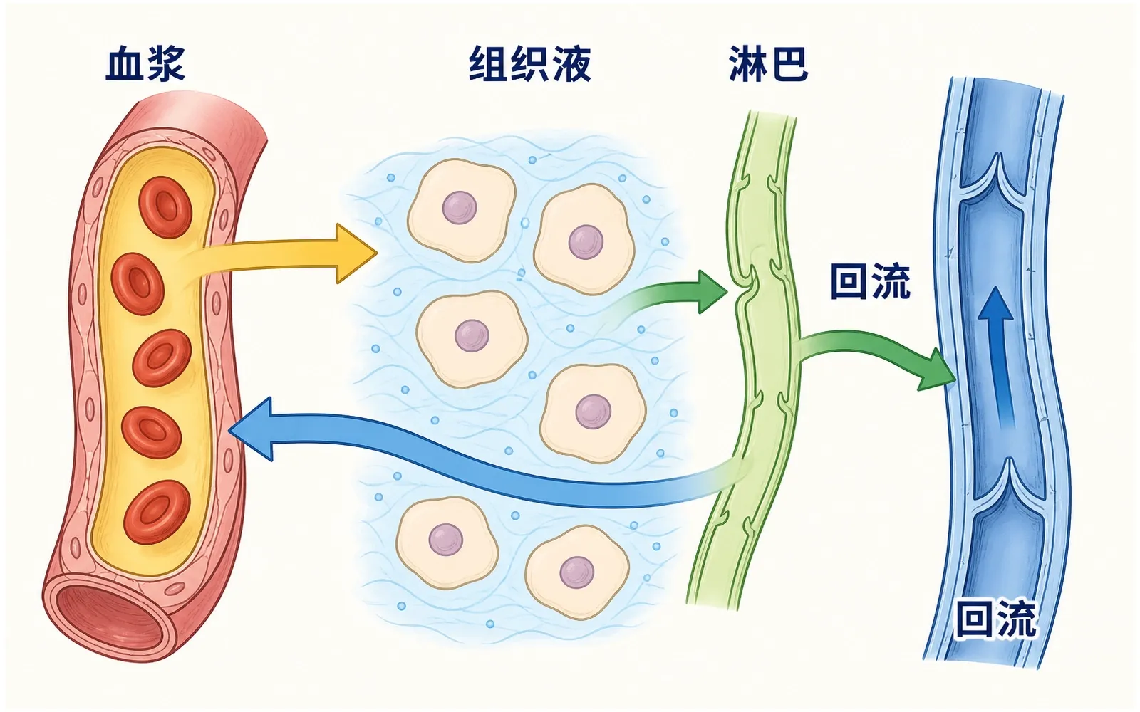 血浆组织液淋巴之间形成与回流路径的中文箭头流程图
