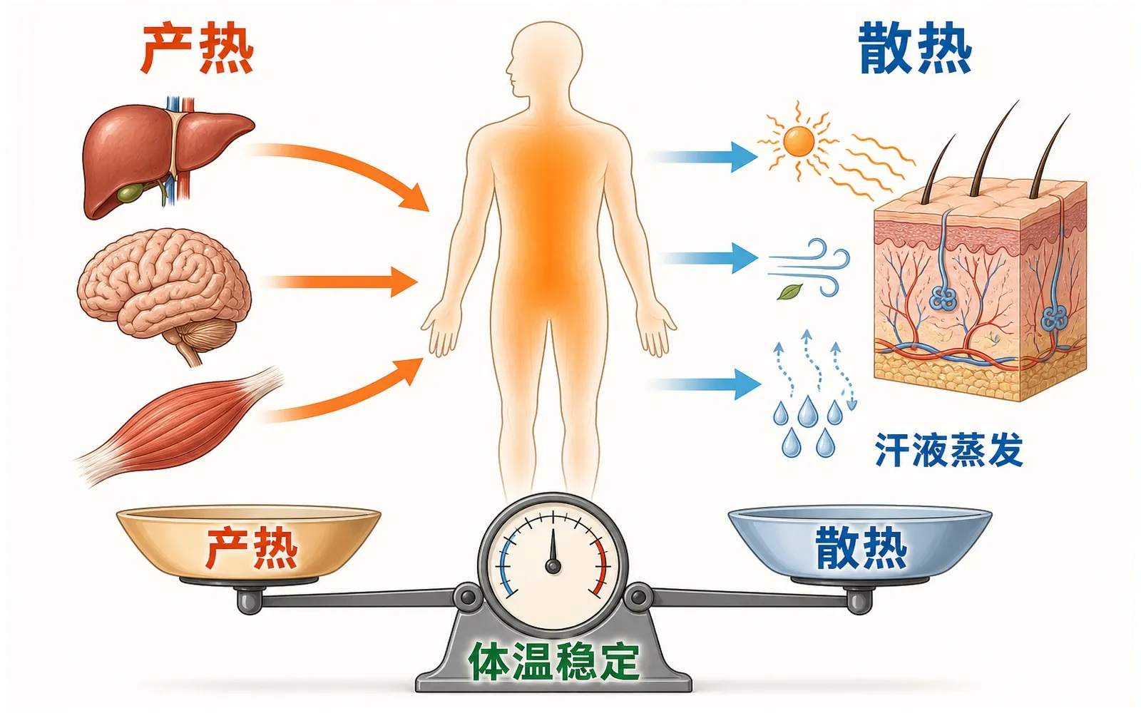 人体产热和散热保持动态平衡的中文教材风格示意图