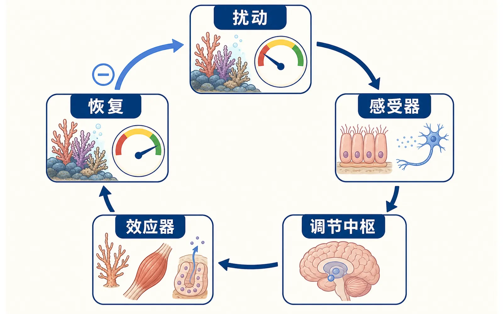 传感器调节中枢效应器共同抵抗扰动维持稳态的中文反馈示意图