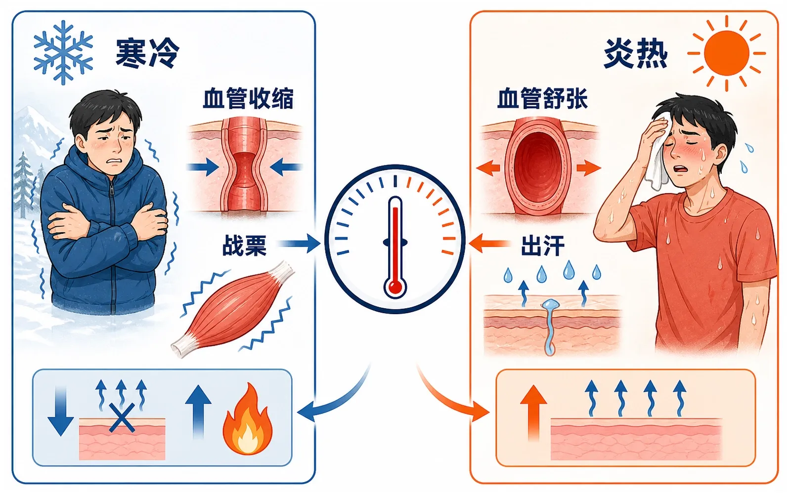 寒冷和炎热环境中皮肤血管汗腺骨骼肌参与体温调节的对比图