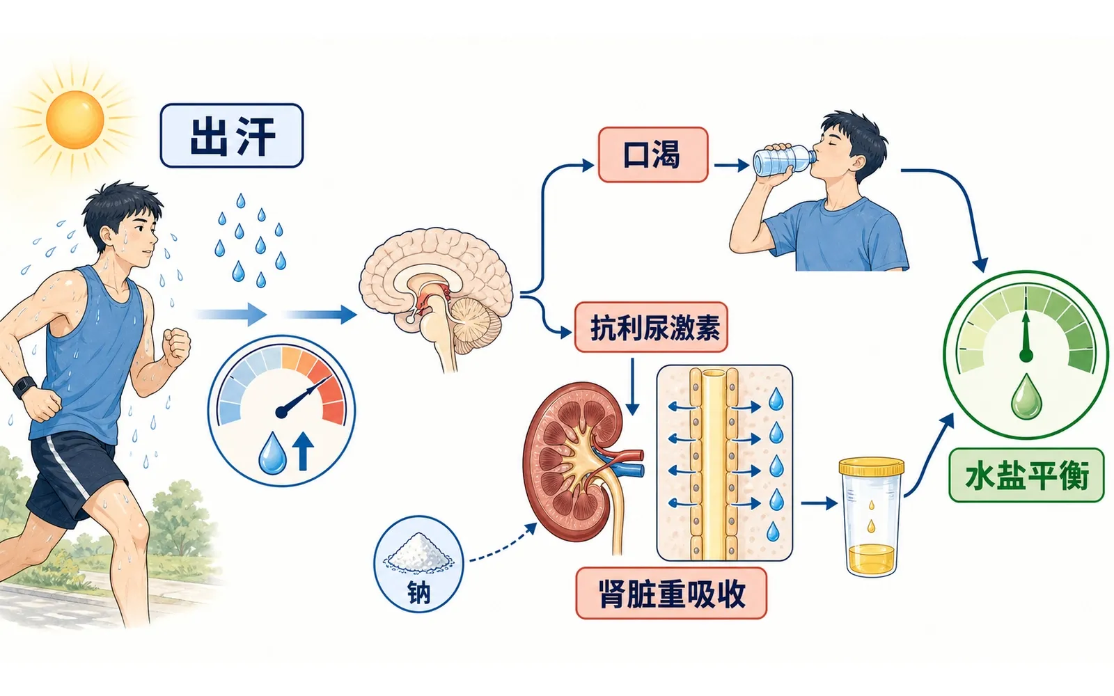大量出汗后口渴抗利尿激素肾脏重吸收水共同调节水盐平衡的中文教材图
