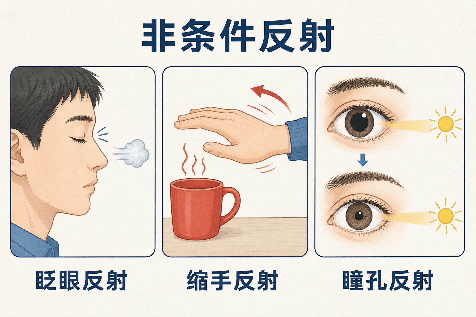 眨眼、缩手、膝跳和婴儿吮吸等非条件反射的生活化示意