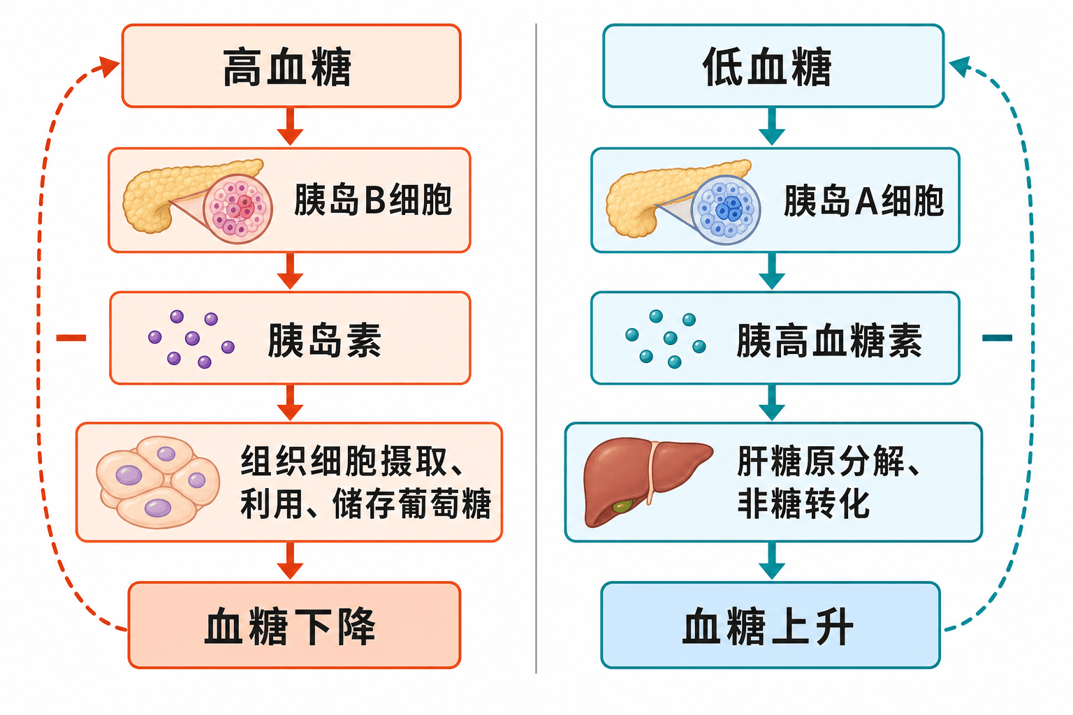 血糖平衡负反馈:高血糖促进胰岛素分泌并降低血糖;低血糖促进胰高血糖素分泌并升高血糖