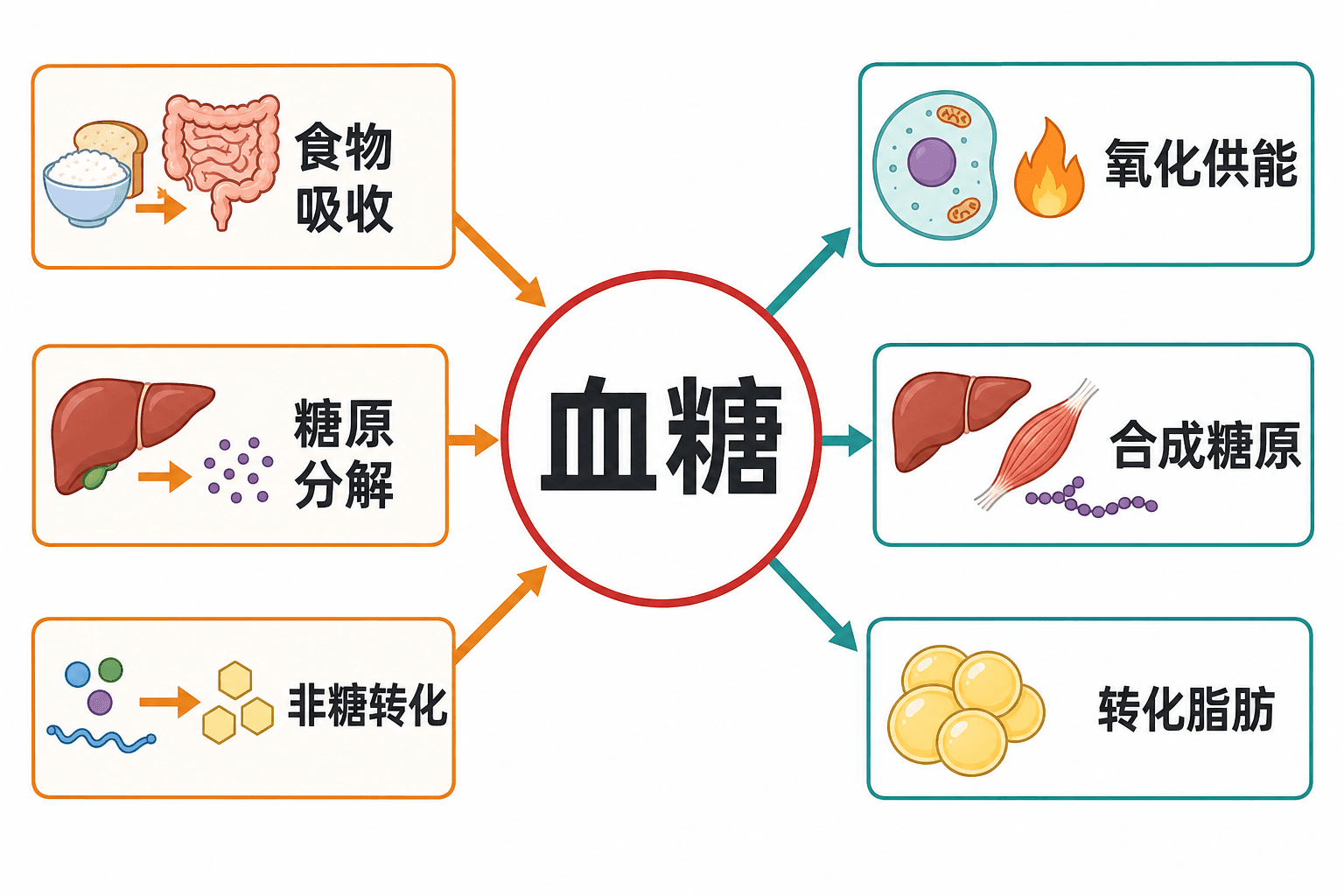 血糖的来源与去路:食物吸收、肝糖原分解和非糖物质转化;氧化分解、合成糖原和转化为非糖物质