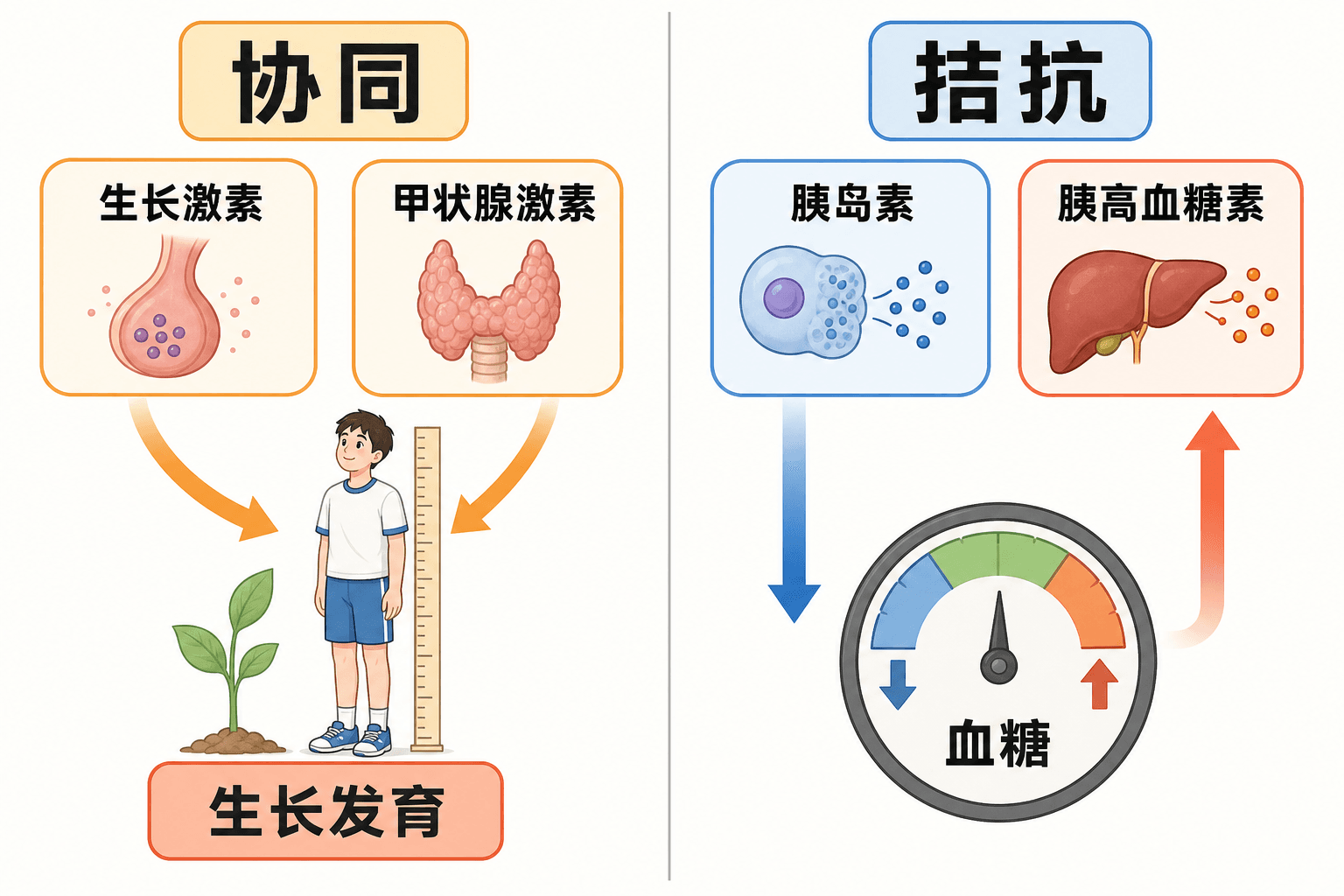 激素间相互作用:生长激素与甲状腺激素协同促进生长发育,胰岛素与胰高血糖素拮抗调节血糖