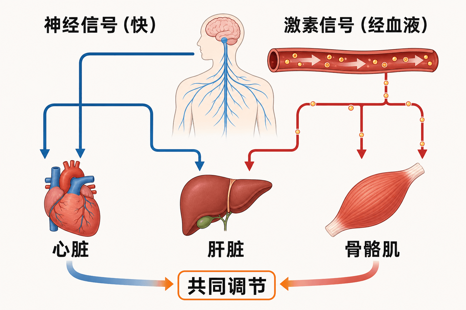 神经调节与体液调节协调示意:快速神经信号和经血液运输的激素信号共同调节心脏、肝脏和骨骼肌