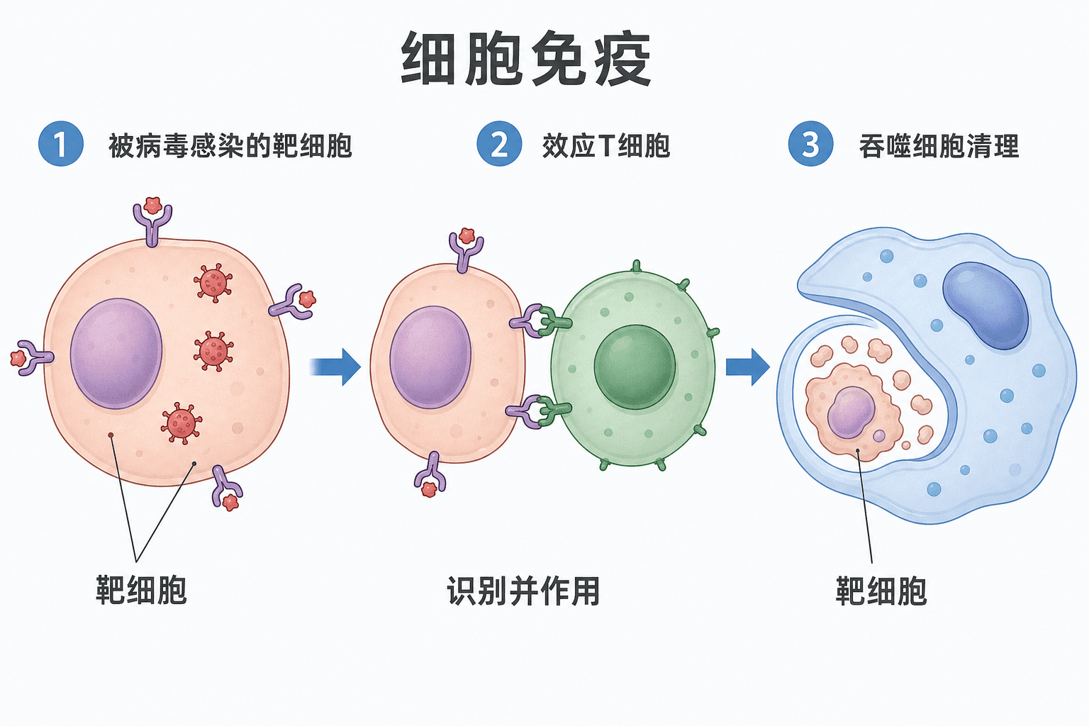 细胞免疫图:效应T细胞识别并作用于被病毒感染的靶细胞,吞噬细胞清除残片,中文教材插图