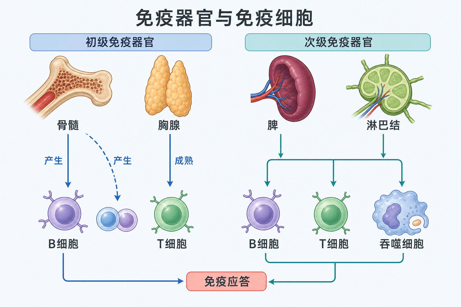 免疫器官与细胞关系图:骨髓、胸腺、脾和淋巴结与B细胞、T细胞、吞噬细胞的关系,中文教材风格