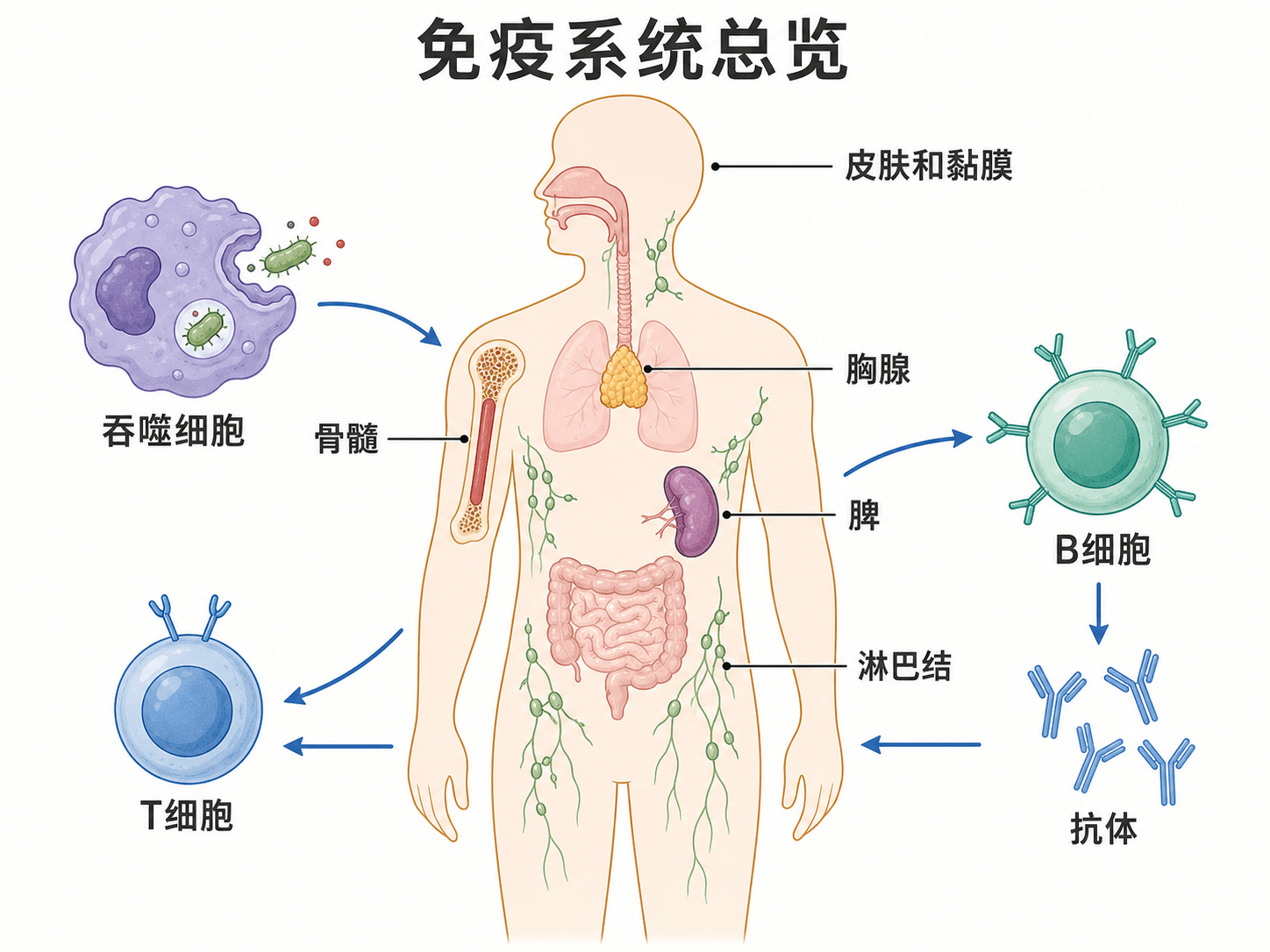 人体免疫系统总览:皮肤黏膜、免疫器官、免疫细胞与抗体协同防御的中文教材插图