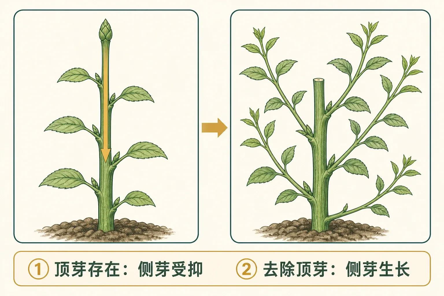 顶芽产生的生长素向下运输并抑制侧芽;摘除顶芽后侧芽萌发、分枝增加