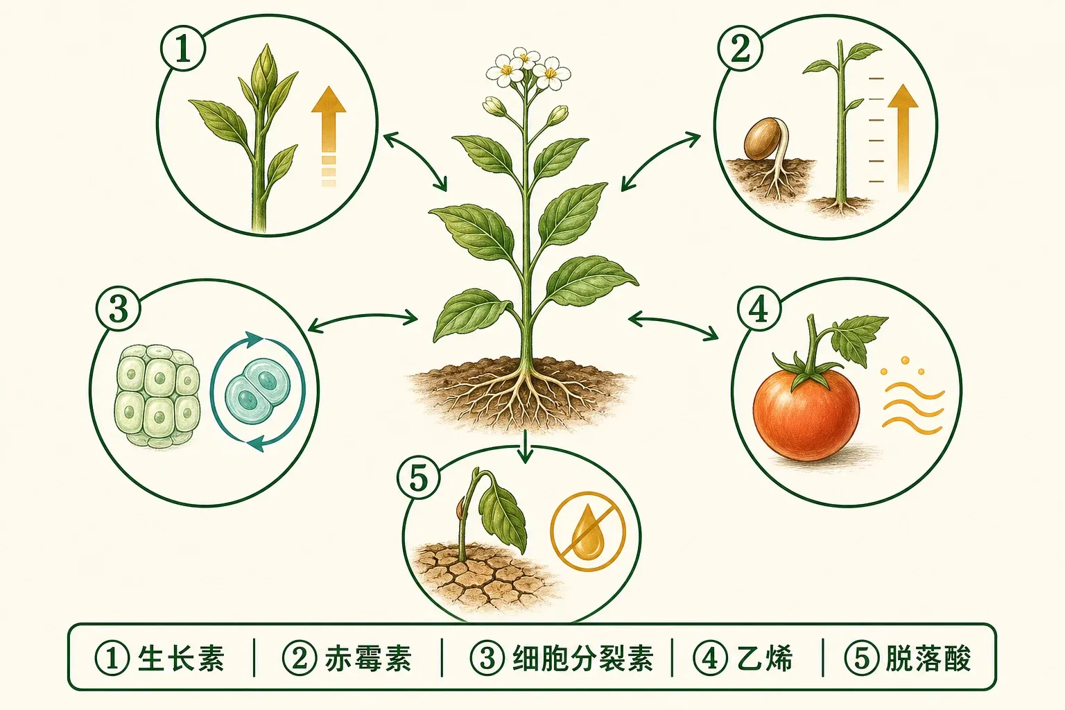 种子萌发、气孔关闭、果实成熟等过程受到多种植物激素与环境条件共同调节的网络图