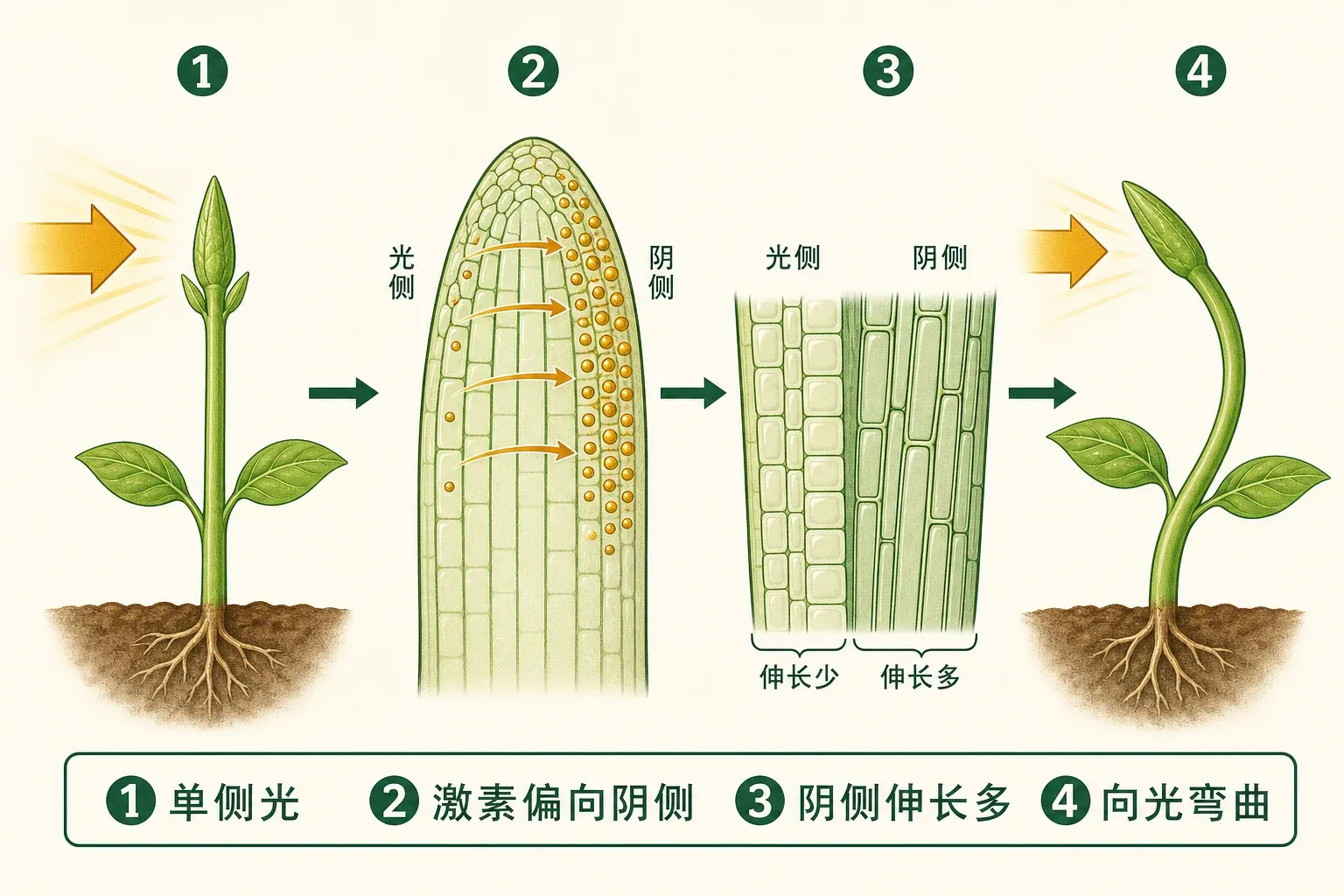 单侧光下胚芽鞘尖端感光,生长素更多分布到背光侧,背光侧伸长更快而向光弯曲