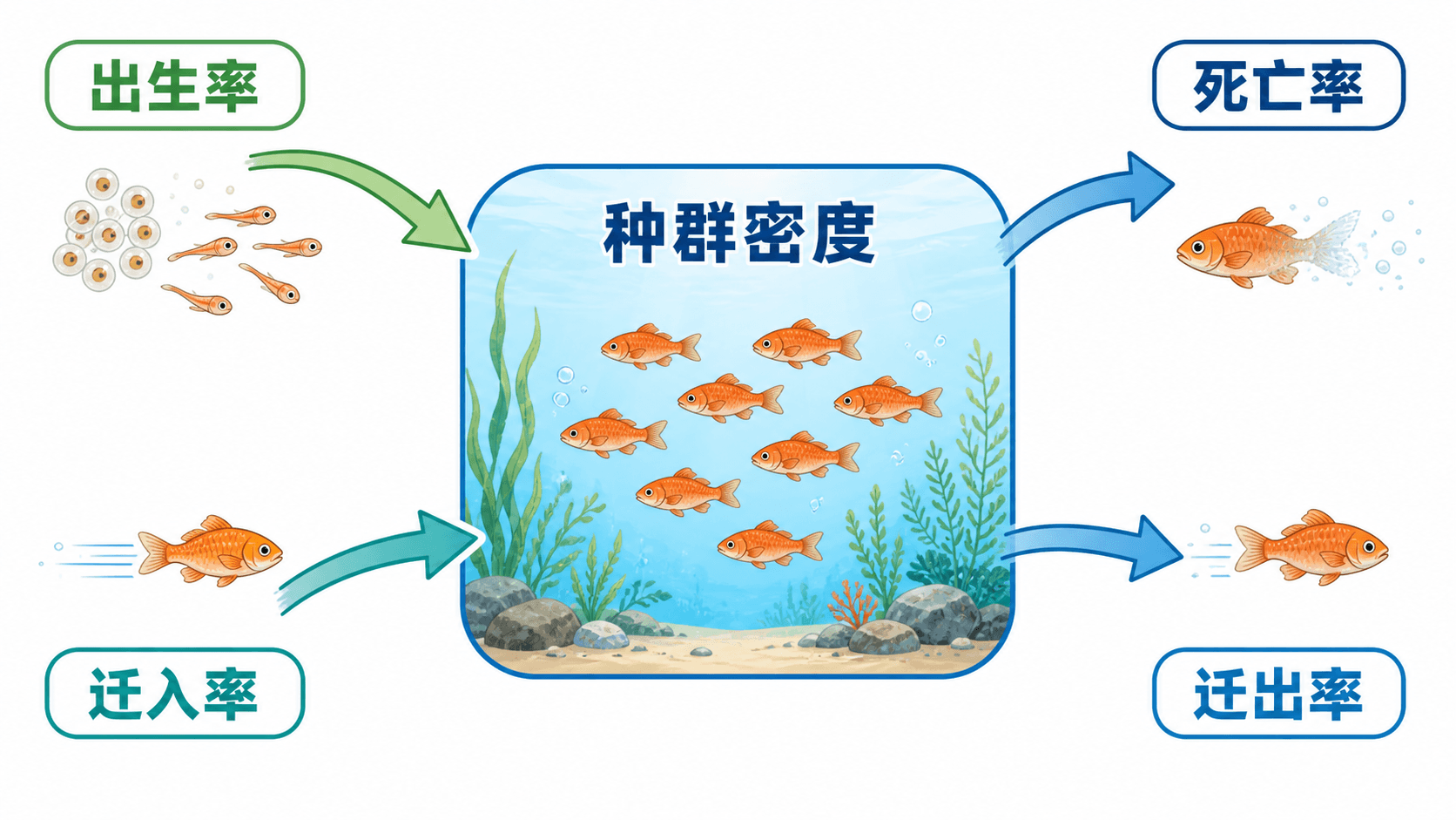 出生、死亡、迁入和迁出分别以箭头表示对一个局部种群数量的增减作用