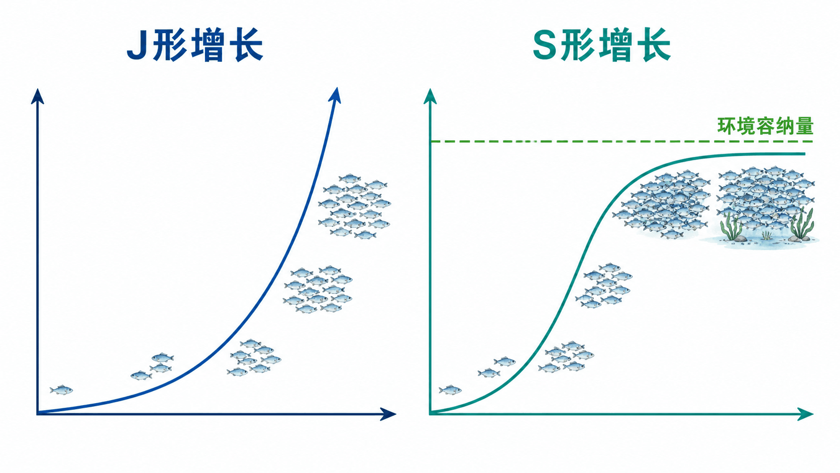 J 型增长与 S 型增长的对比曲线,标出理想条件、资源限制、增长速率变化和 K 值附近波动
