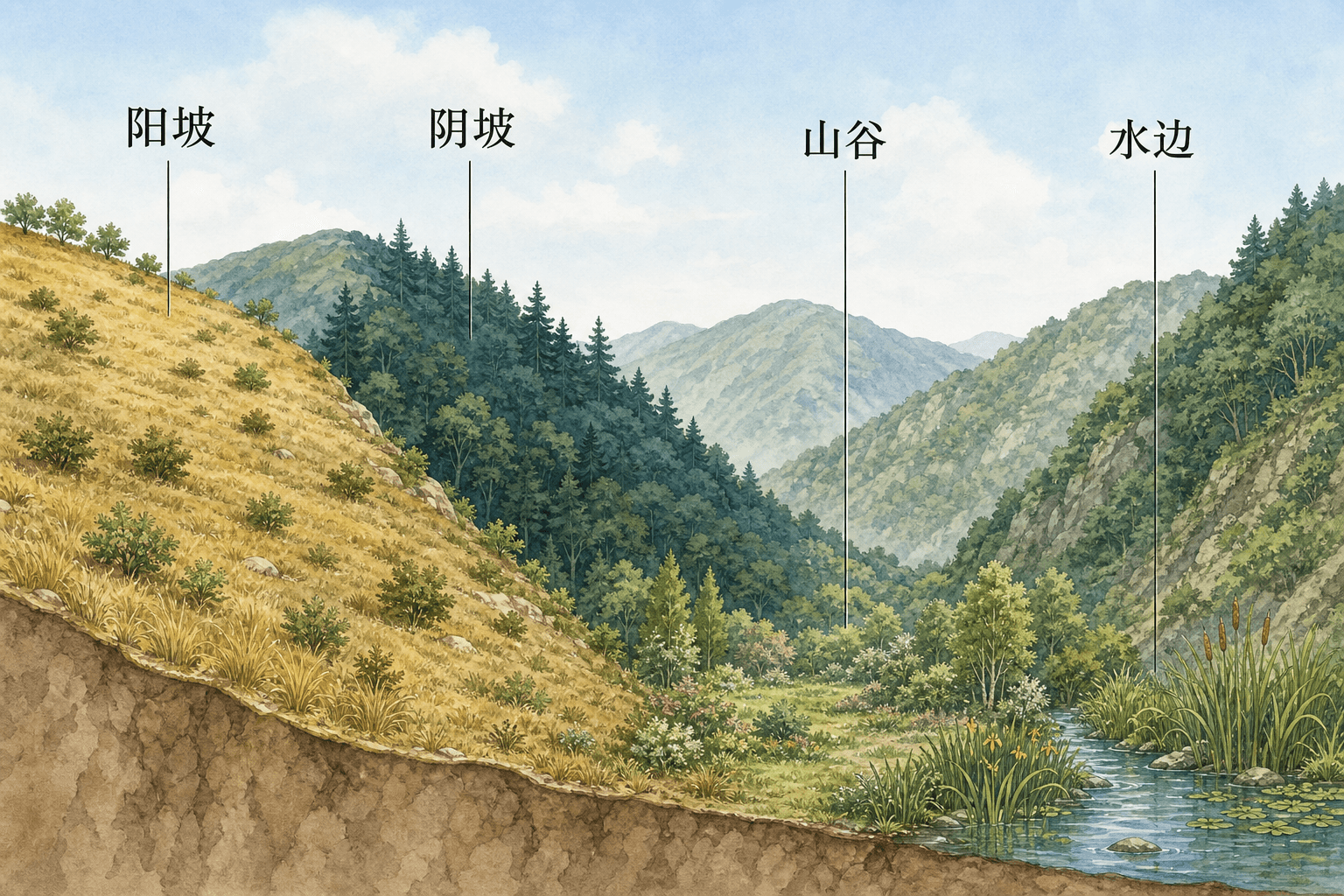 山地群落水平结构:向阳坡、阴坡、山谷和水边因光照水分土壤差异形成植被斑块的教材剖面图