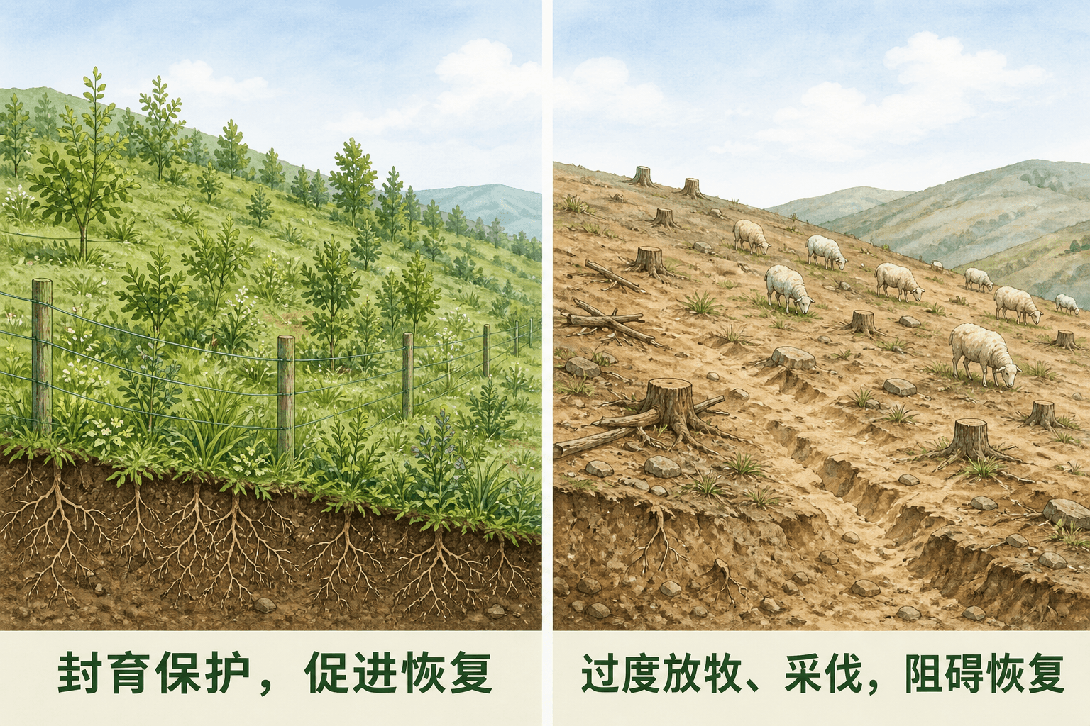 合理封育和保护土壤促进群落恢复,与过度放牧和采伐阻碍恢复的对照教材图