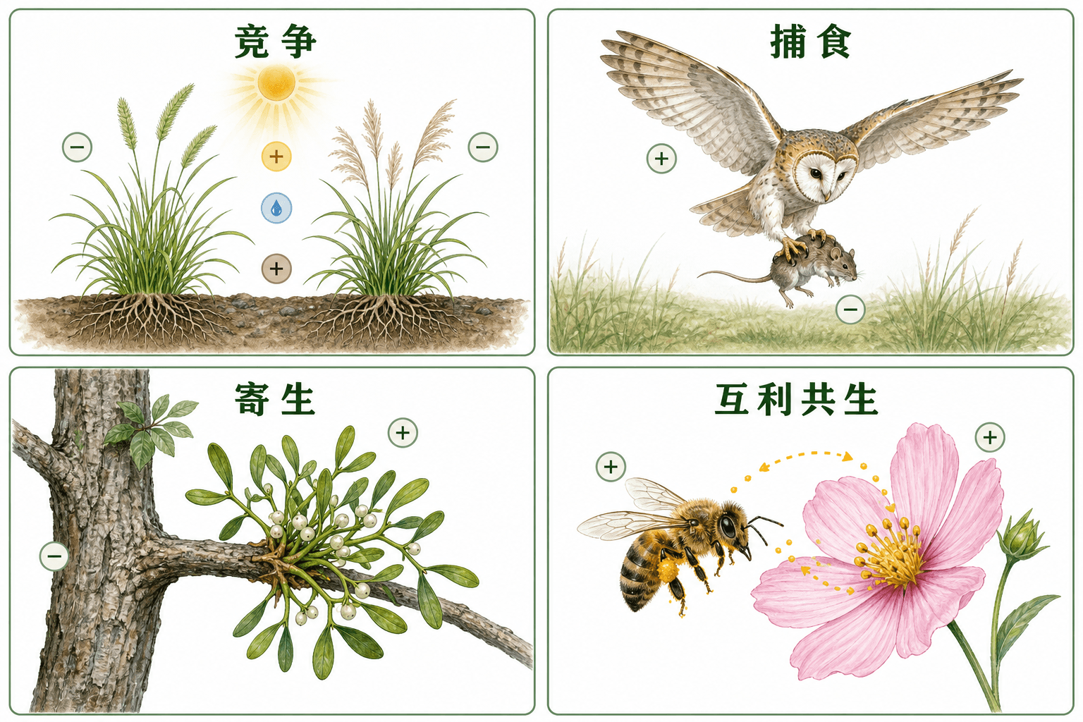 用箭头和简洁情境区分种间竞争、捕食、寄生和互利共生的高中生物教材风格关系图