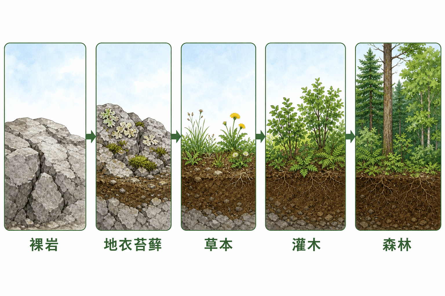 裸岩上的初生演替:裸岩、地衣苔藓、草本、灌木到森林的连续中文教材图