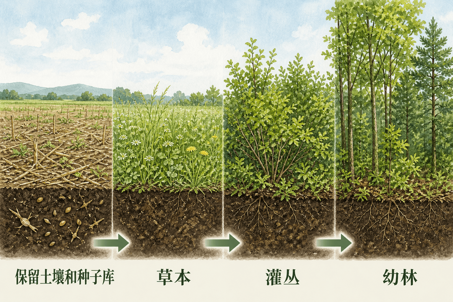 次生演替:弃耕农田保留土壤和种子库,由杂草草本、灌丛到幼林恢复的中文教材图