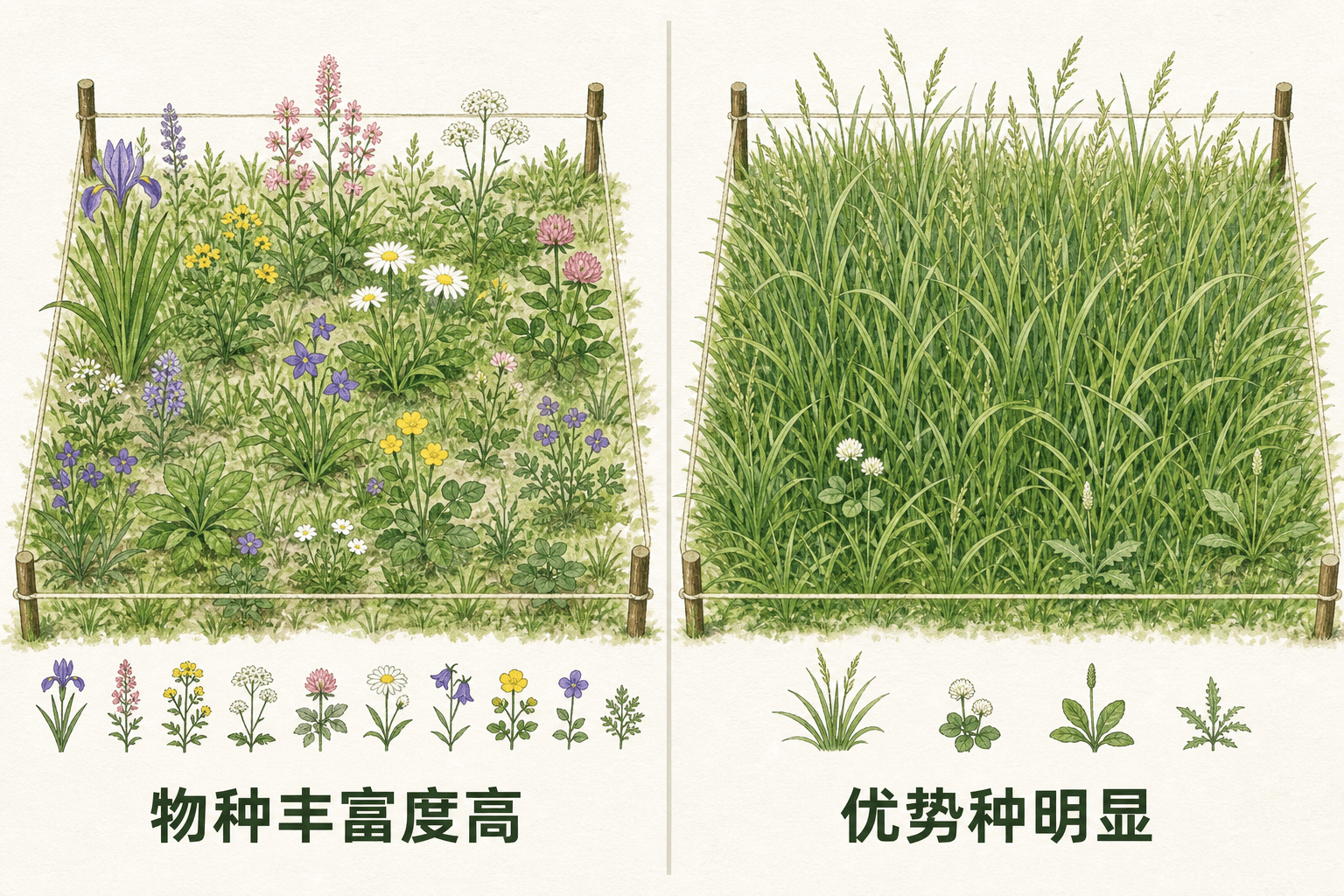 对比物种丰富度与优势种:热带雨林物种较多,草原由禾本科植物形成主要外貌的中文教材示意图