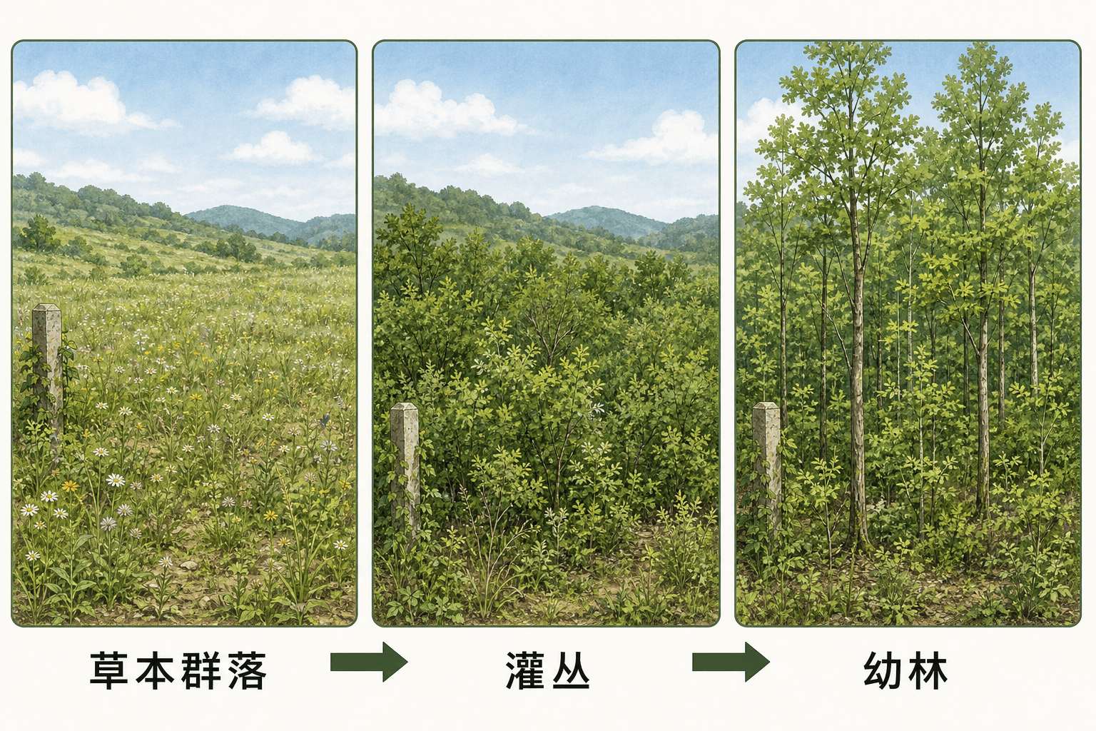 弃耕农田在多年间由一年生草本、多年生草本、灌丛到幼林逐渐变化的群落演替时间轴图