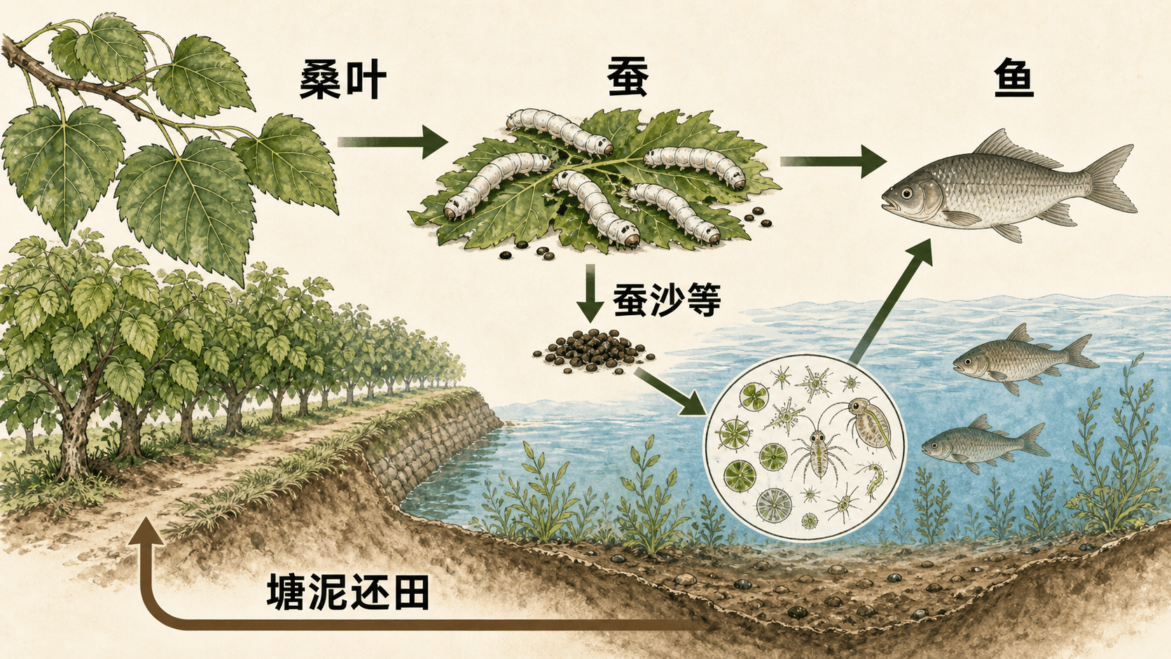 桑基鱼塘中种植、养蚕、养鱼和塘泥还田关系的示意图
