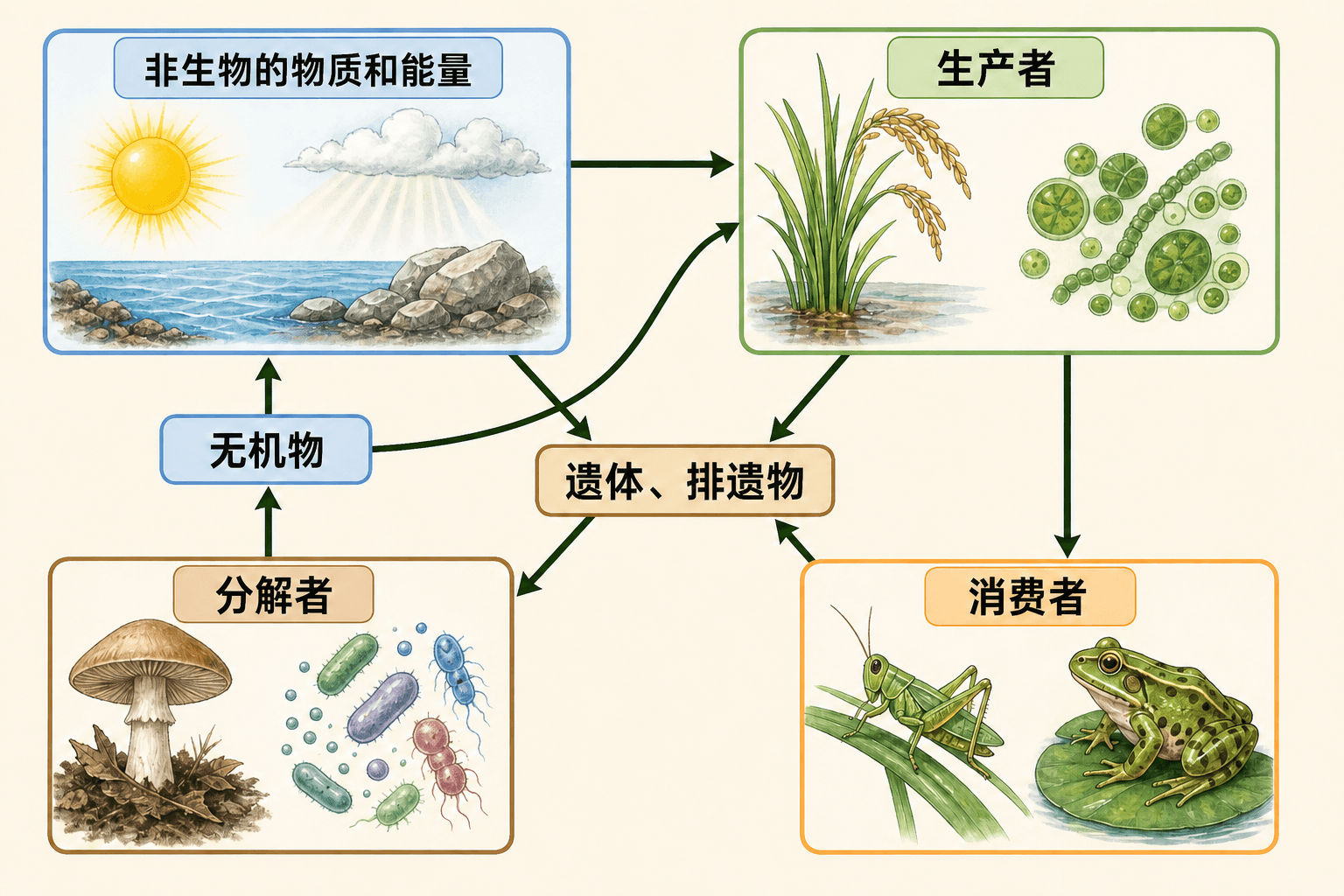 生态系统四类组成成分及其功能关系的教材风格示意图