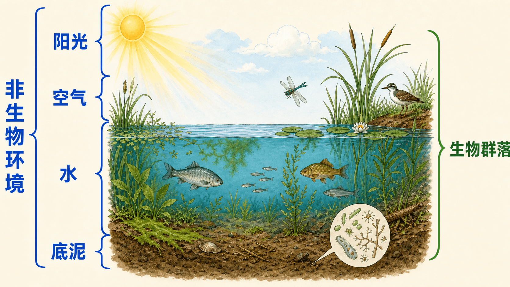 池塘生态系统中生物与阳光、水、空气和底泥共同构成统一整体的示意图