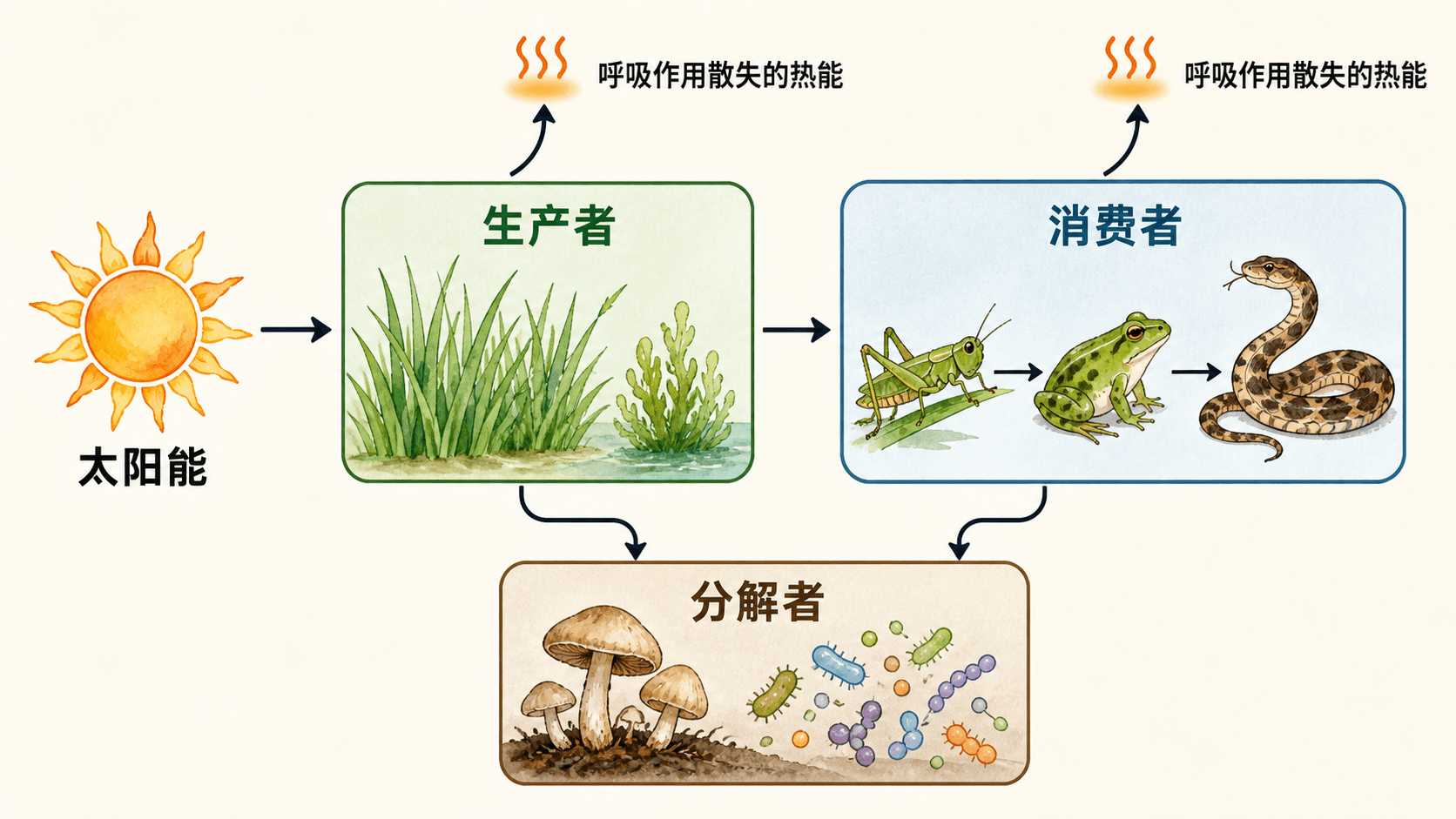 能量从太阳进入生产者并沿营养结构传递、散失的示意图