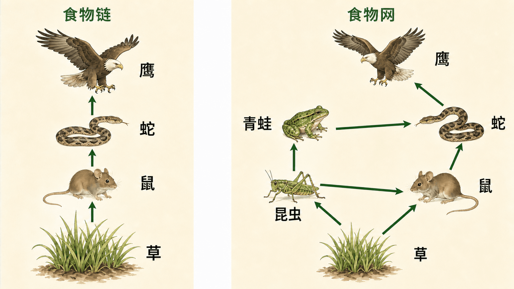 草原食物链与交织成食物网的示意图