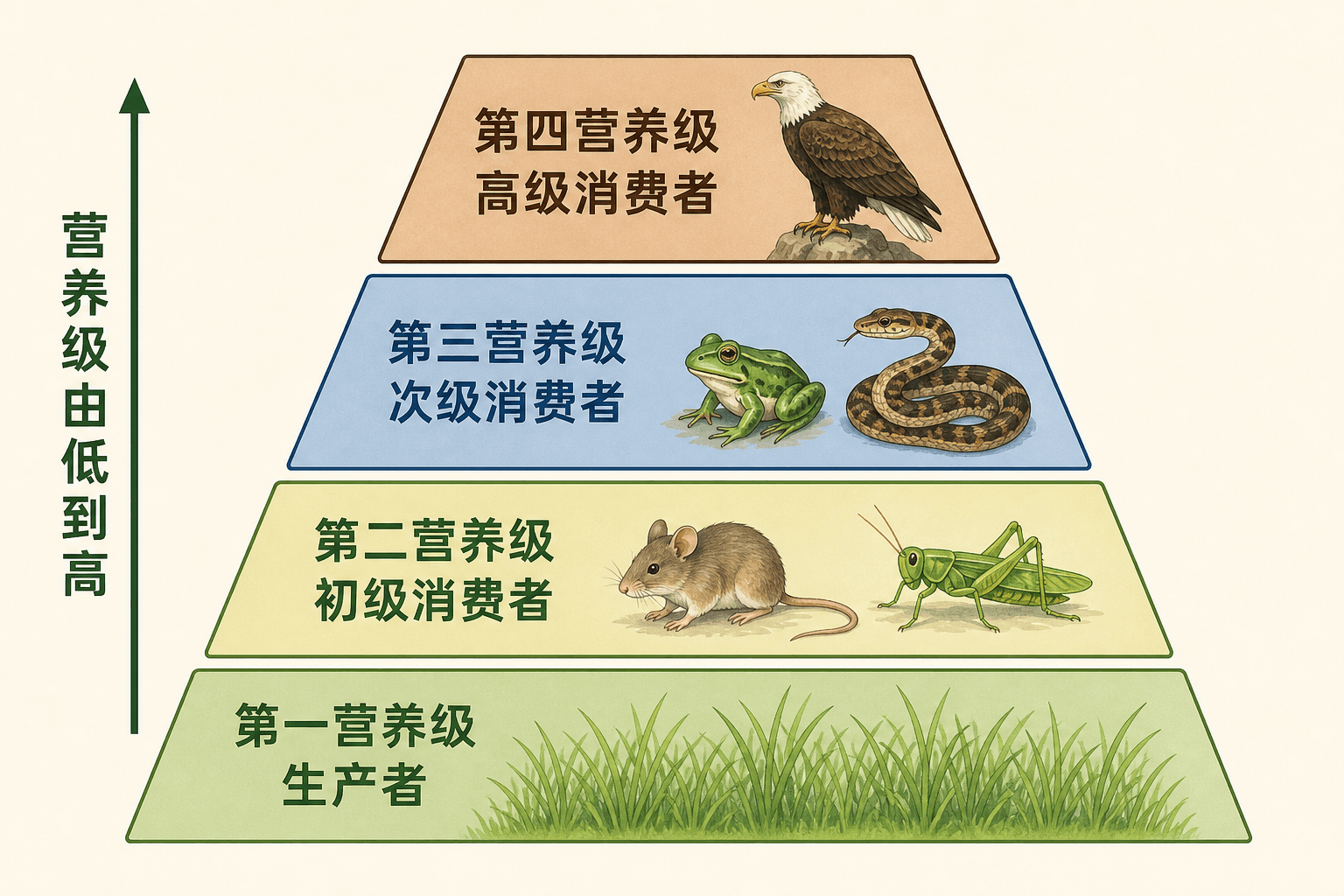 营养级及能量逐级传递的金字塔式示意图