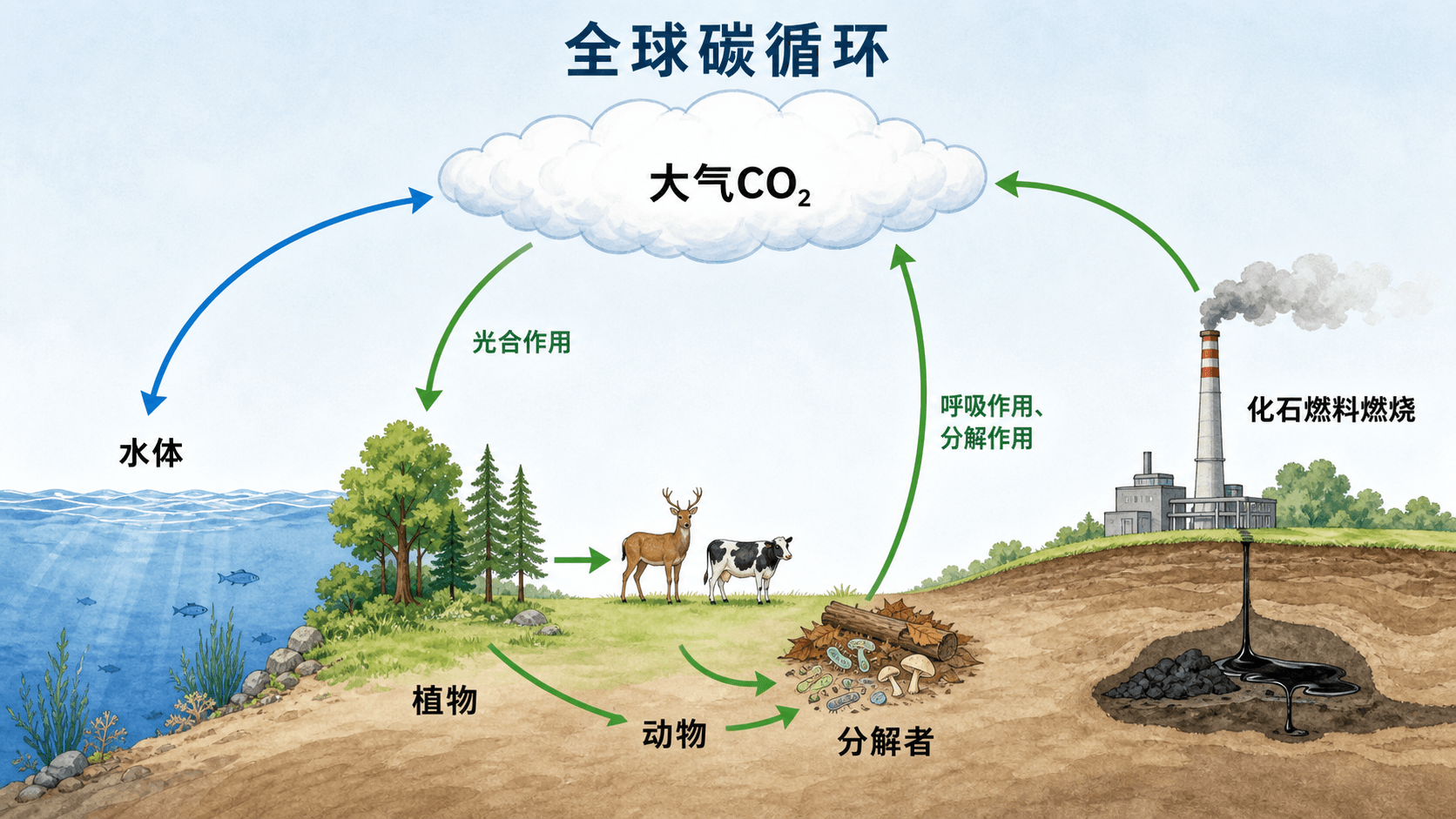 从大气二氧化碳到光合作用、食物网、分解和燃烧,再返回大气的全球碳循环教材图