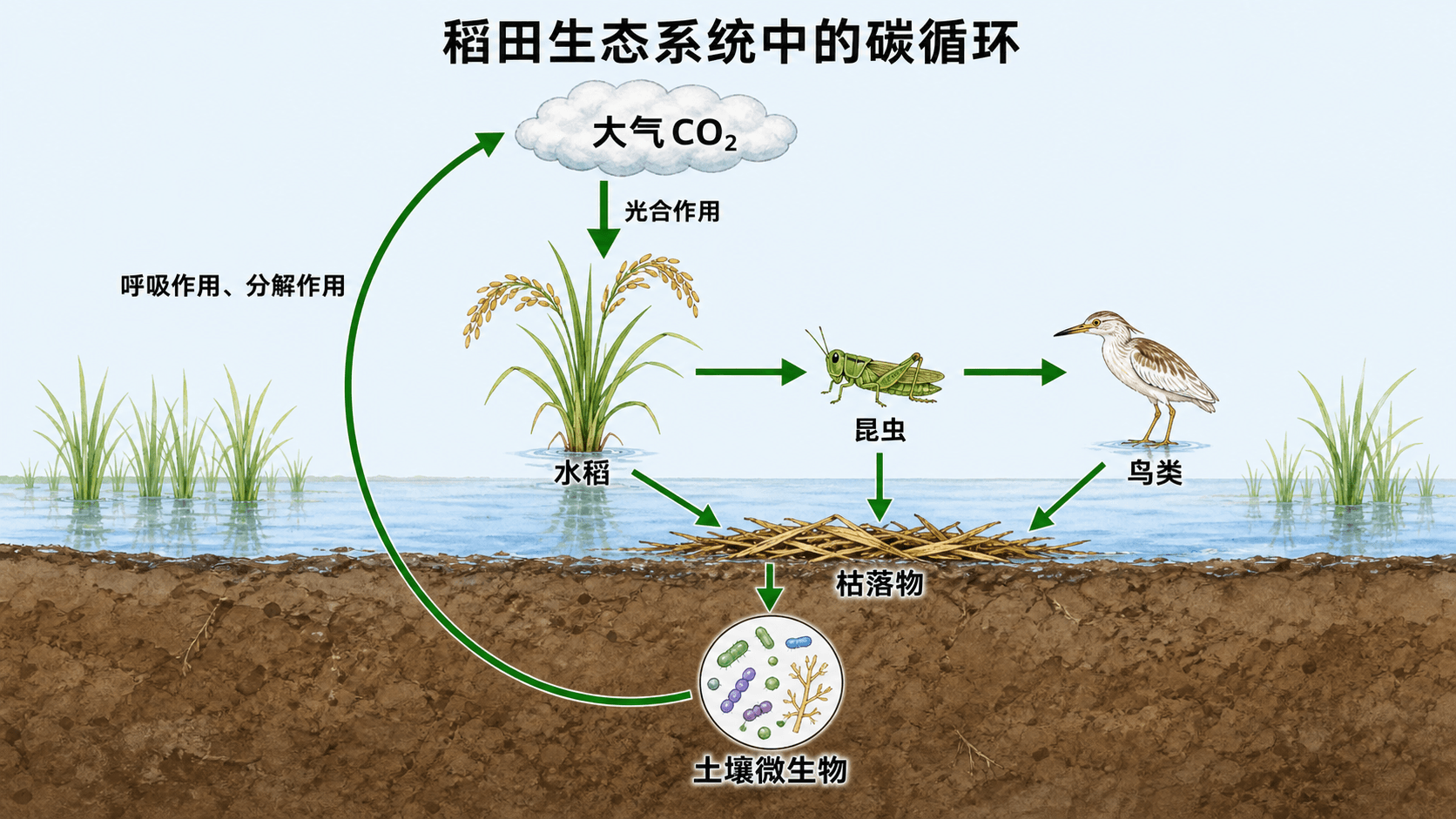 稻田生态系统中碳元素在大气、植物、动物、土壤和微生物之间循环的教材风格示意图
