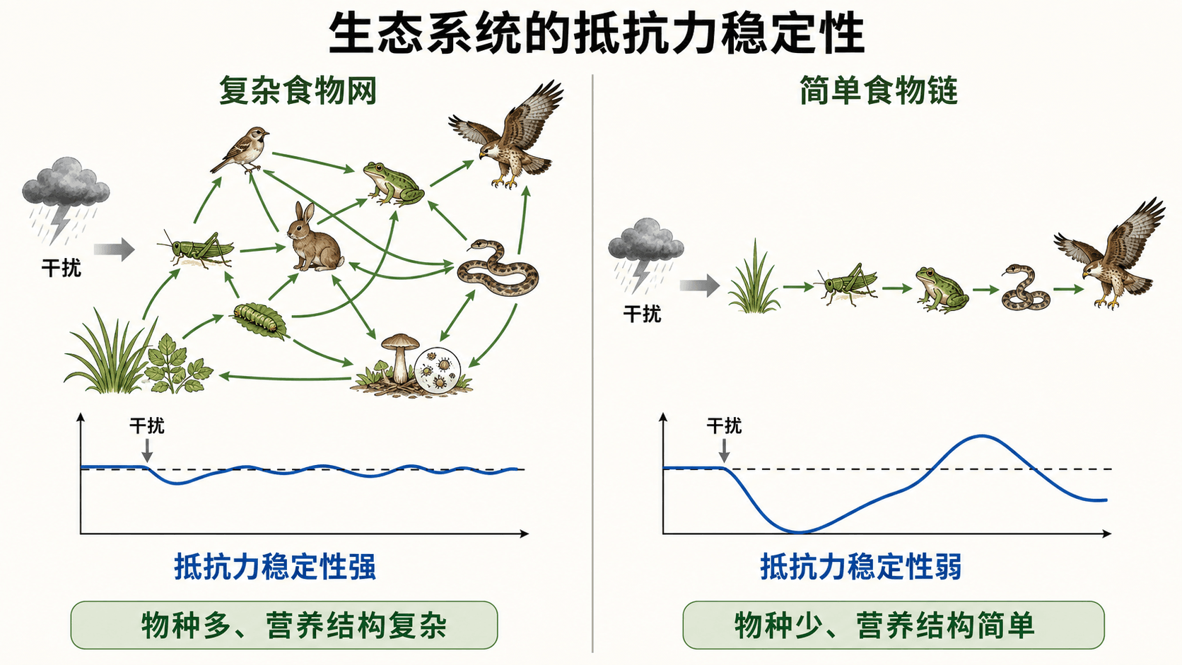复杂食物网与简单食物链在干扰下的抵抗力稳定性比较教材图