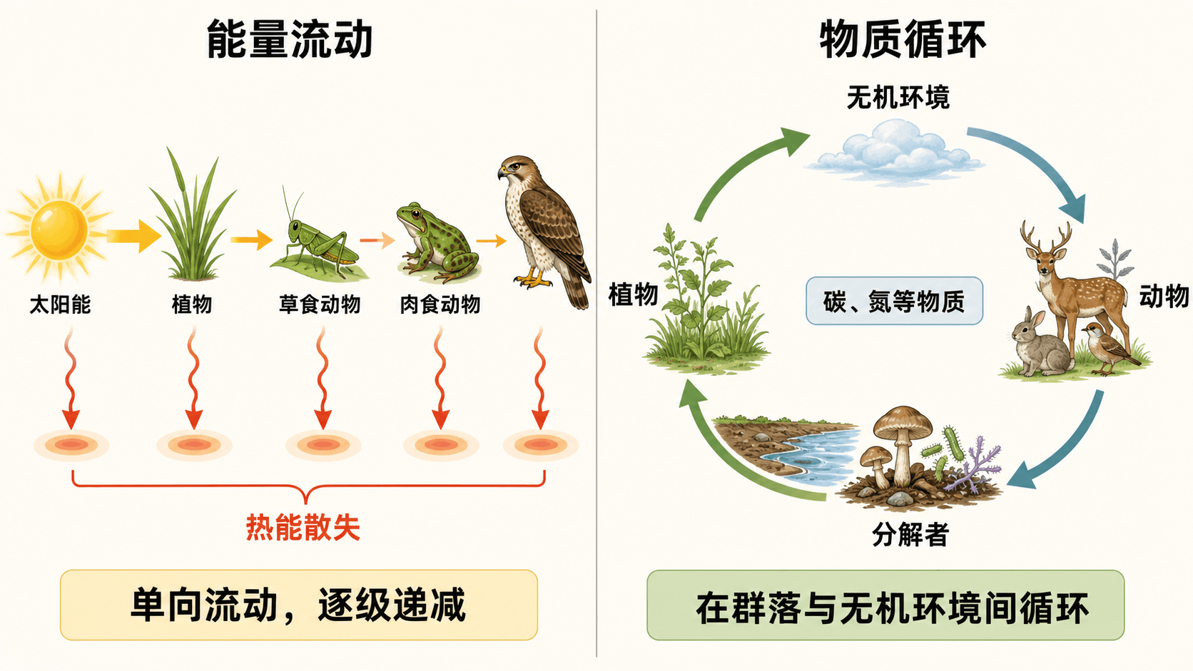 能量在食物链中单向递减而碳氮等物质在生物群落与无机环境间循环的对比图