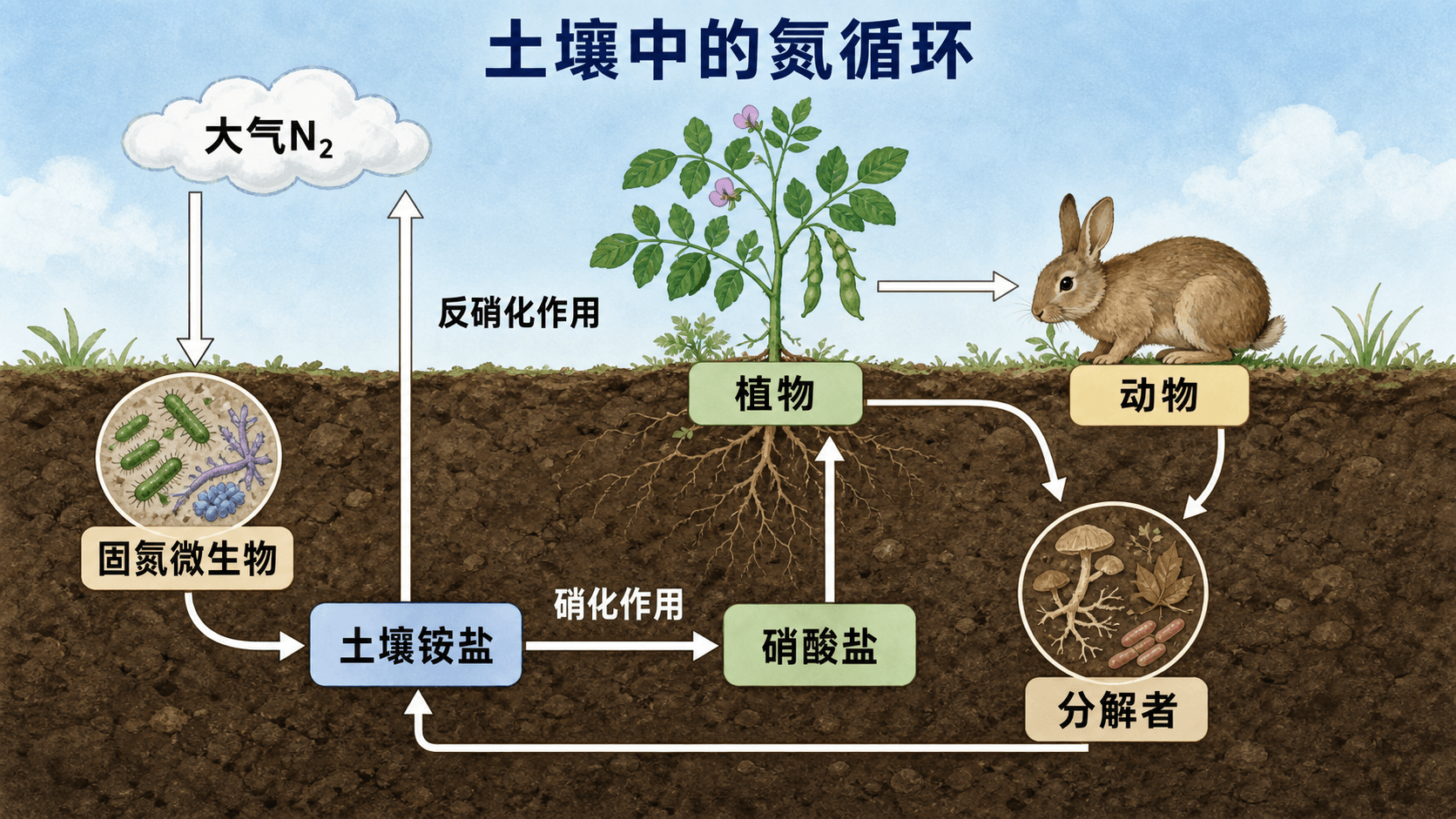大气氮、土壤无机氮、植物、动物和微生物之间转化的氮循环教材风格示意图