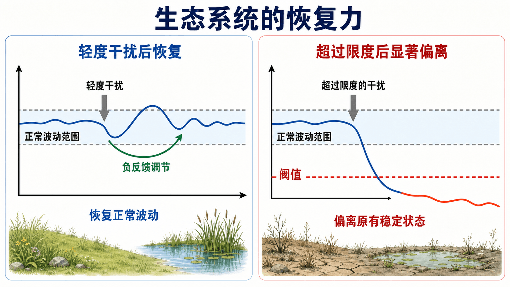 生态系统在轻度干扰后通过负反馈回到正常波动范围、超过调节限度后发生显著改变的示意图