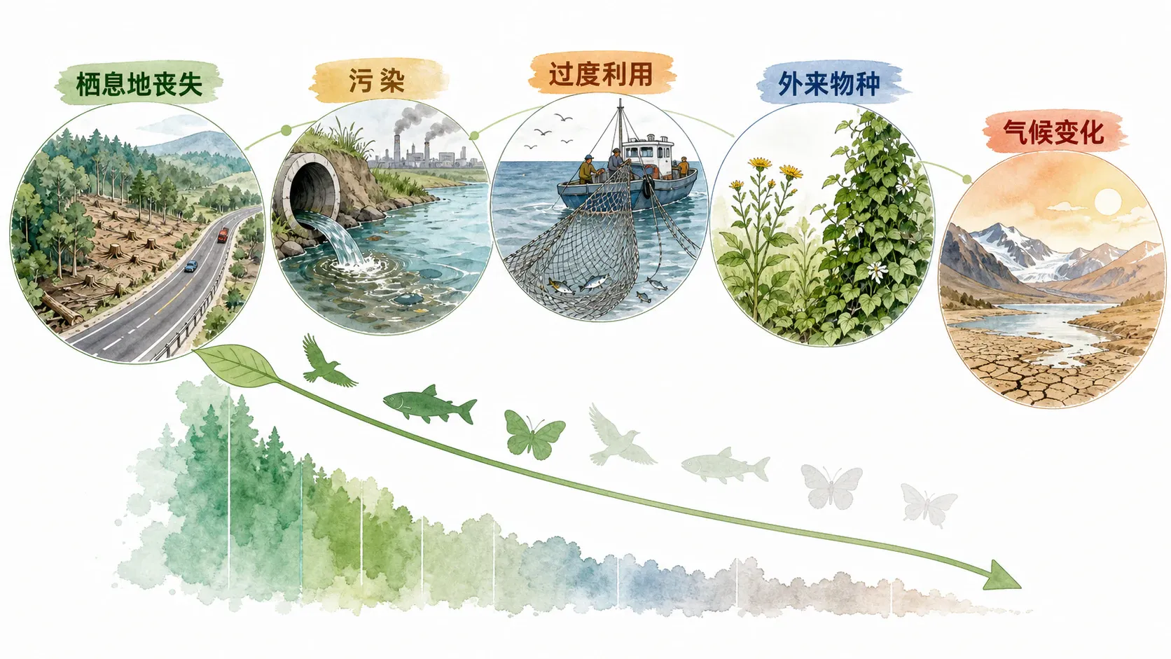 栖息地丧失、污染、过度利用和外来物种入侵导致生物多样性下降的图解