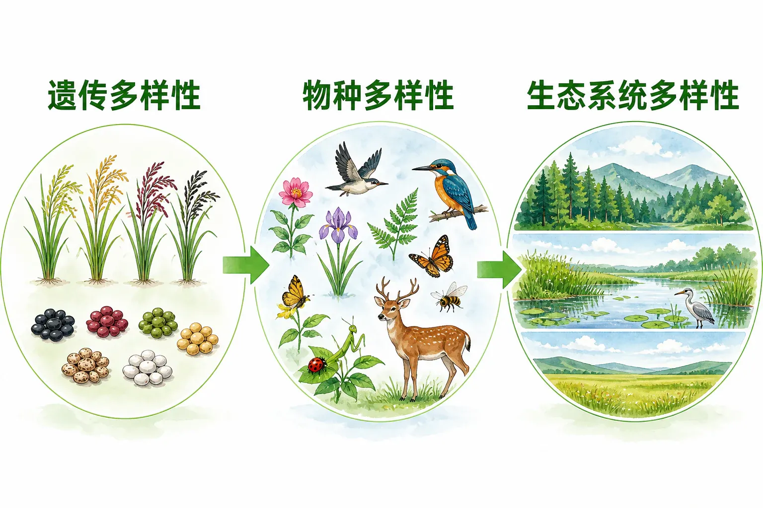 遗传多样性、物种多样性和生态系统多样性三层结构的教材图