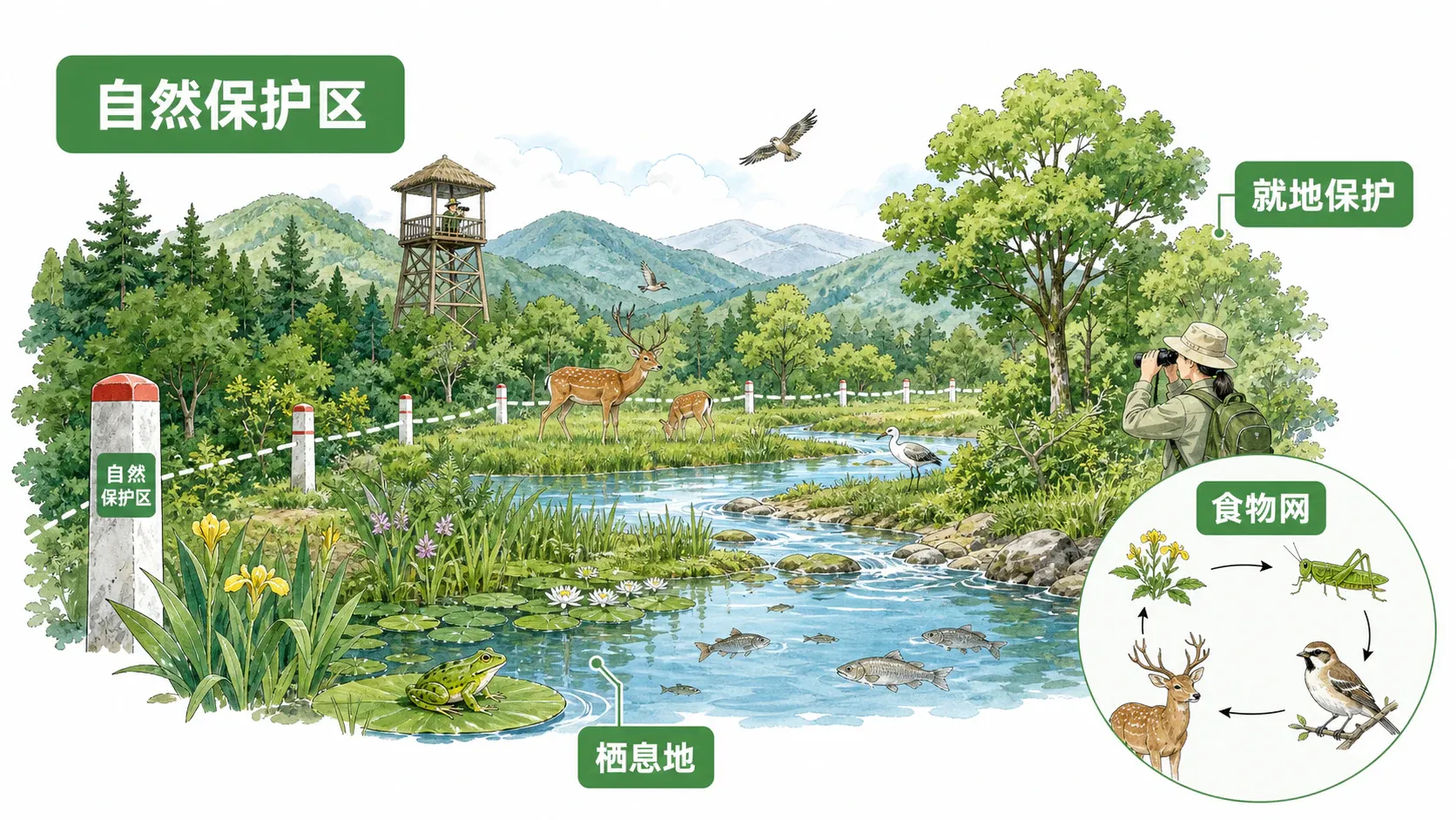 以自然保护区为核心保护栖息地、食物网和珍稀物种的插图