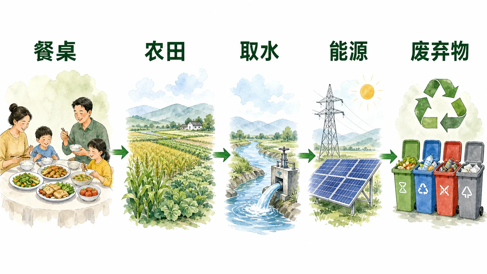 从取水、粮食生产、能源消耗到废物排放的生态压力链条图