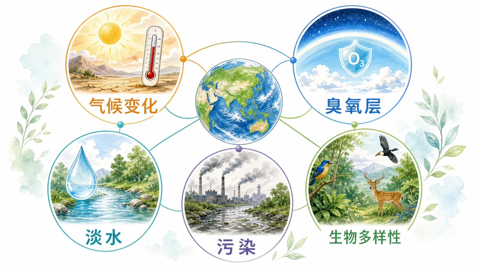 气候变化、臭氧层破坏、水资源短缺、污染与生物多样性下降相互关联的网络图