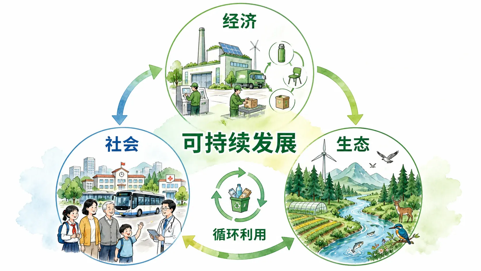 经济发展、社会进步与生态保护相协调的可持续发展天平图